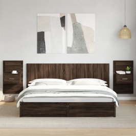 Cabecero cama con mesitas madera ingeniería marrón roble 200 cm