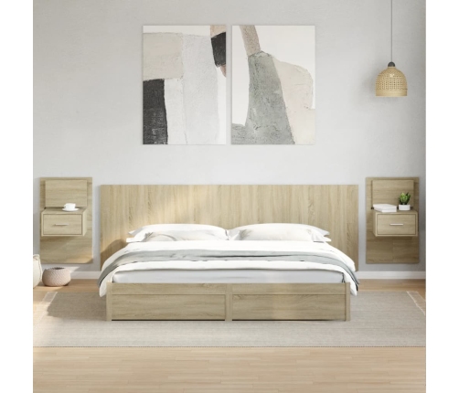 Cabecero cama con mesitas madera ingeniería roble Sonoma 240 cm