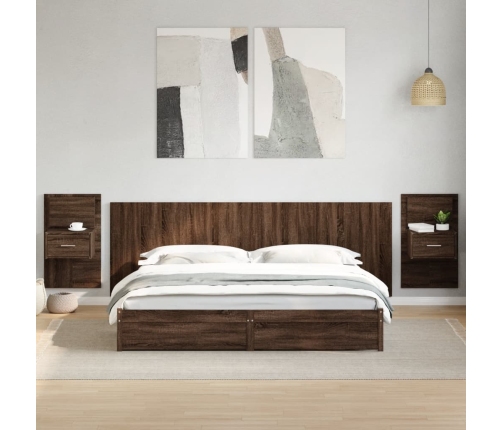 Cabecero cama con mesitas madera ingeniería marrón roble 240 cm