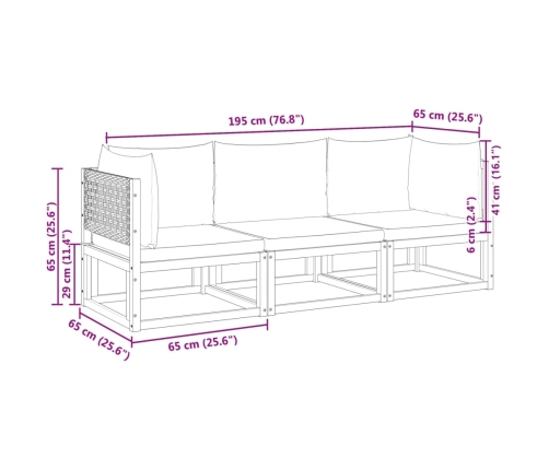 Set de sofás de jardín con cojines 3 pzas madera maciza acacia