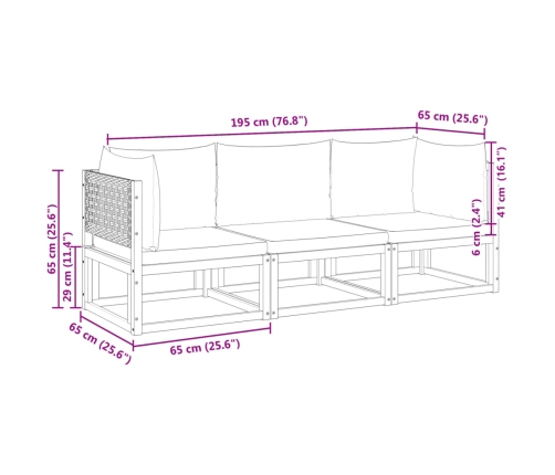 Set de sofás de jardín con cojines 3 pzas madera maciza acacia
