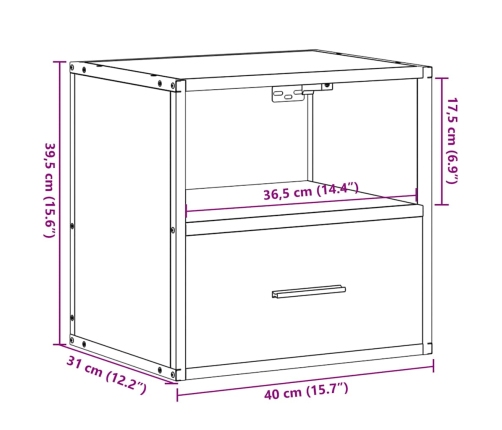 Mesita de noche de pared color roble ahumado 40x31x39,5 cm
