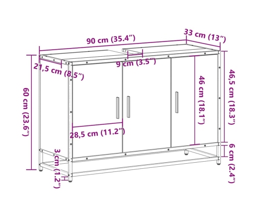 Armario de lavabo de baño madera ingeniería negro 90x33x60 cm