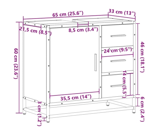 Mueble baño para lavabo madera ingeniería negro 65 x 33 x 60 cm