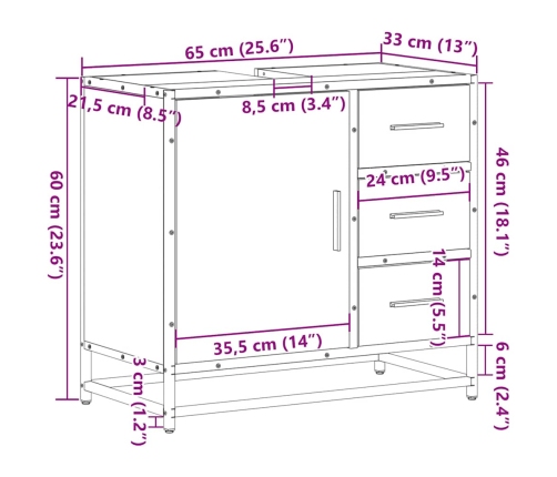 Armario de lavabo de baño madera roble Sonoma 65x33x60 cm