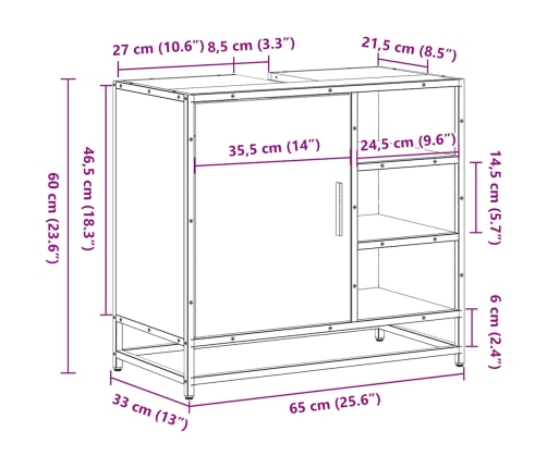 Armario de lavabo de baño madera roble Sonoma 65x33x60 cm