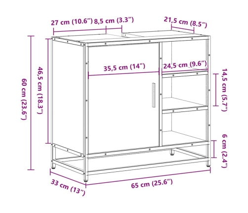 Mueble de lavabo madera de ingeniería roble marrón 65x33x60 cm