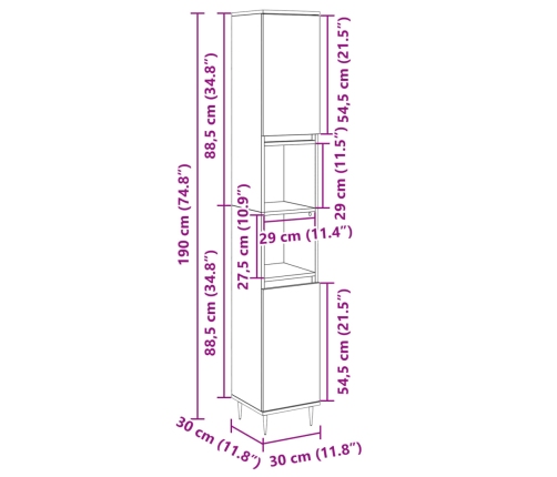 Armario de baño madera contrachapada roble Sonoma 30x30x190 cm