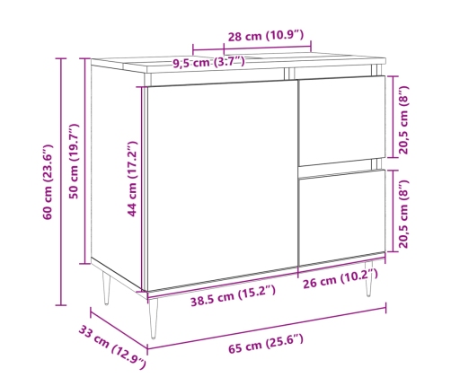 Armario de lavabo de baño madera roble Sonoma 65x33x60 cm