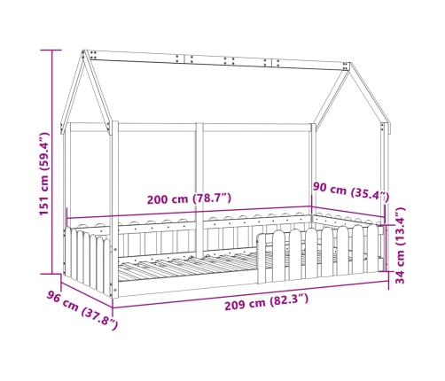 Cama con forma de casa para niños madera maciza pino 90x200 cm