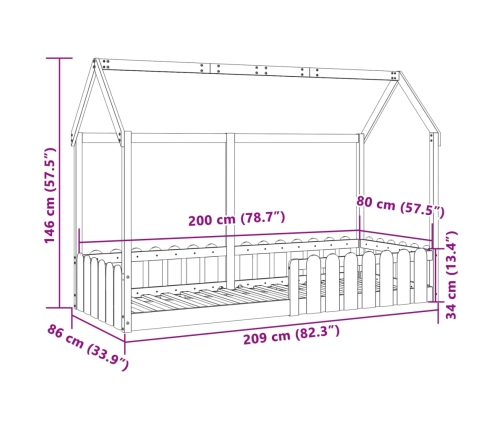 vidaXL Cama con forma de casa de niños madera maciza marrón 80x200 cm