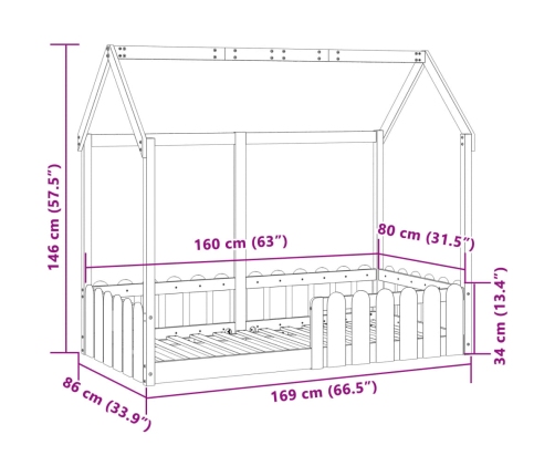 Cama con forma de casa para niños madera maciza blanco 80x160cm