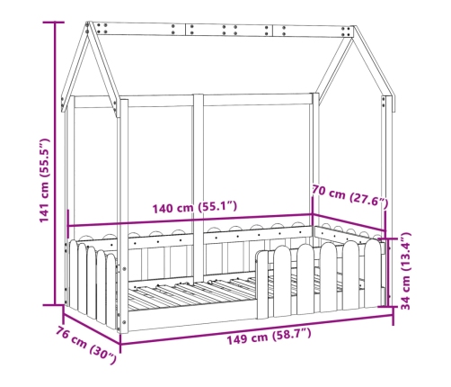 Cama con forma de casa de niños madera maciza marrón 70x140 cm