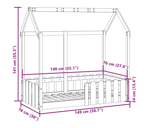 Cama con forma de casa para niños madera maciza blanco 70x140cm