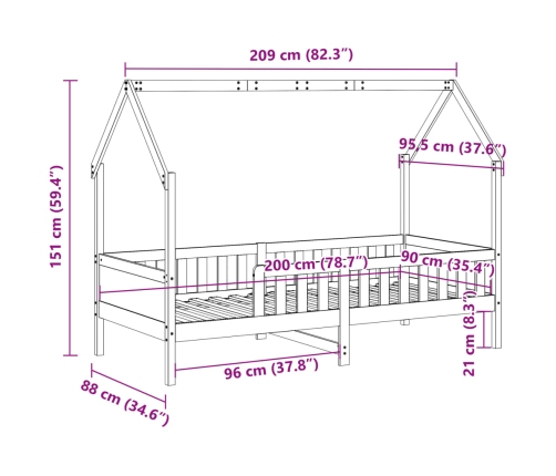 Cama con forma de casa para niños madera maciza pino 90x200 cm