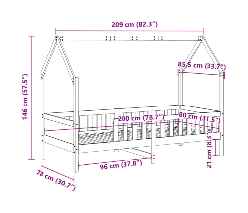 Cama con forma de casa de niños madera maciza marrón 80x200 cm