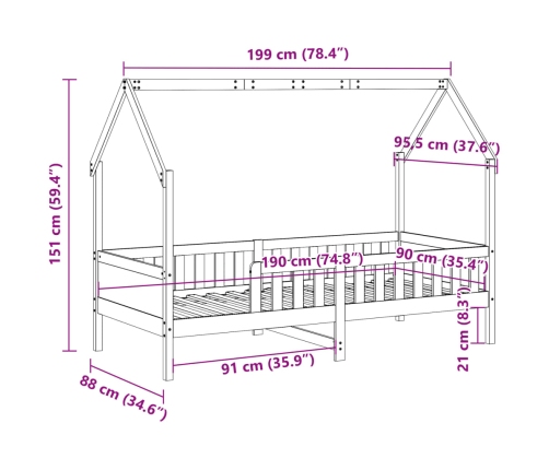 Cama con forma de casa para niños madera maciza pino 90x190 cm