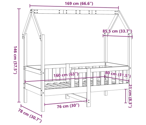 Cama con forma de casa de niños madera maciza marrón 80x160 cm