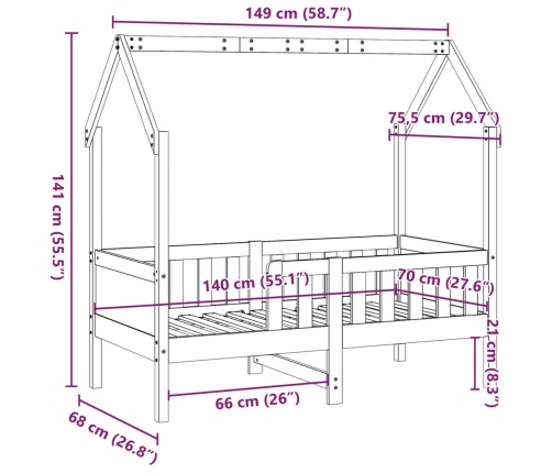 Cama con forma de casa de niños madera maciza marrón 70x140 cm