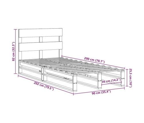 Estructura de cama sin colchón madera maciza de pino 90x200 cm