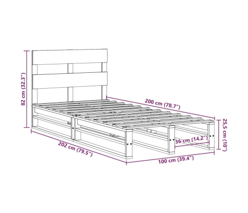 Estructura de cama sin colchón madera maciza de pino 100x200 cm