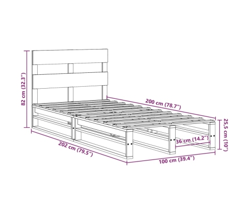 Cama sin colchón madera maciza de pino marrón cera 100x200 cm