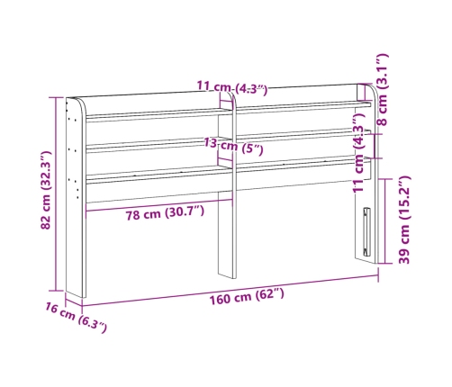 Cabecero de cama con estantes madera maciza pino blanco 150 cm