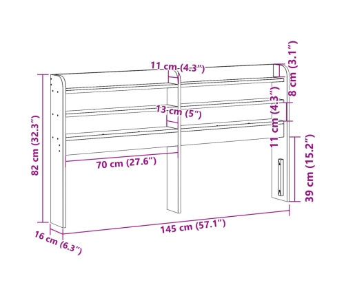 Cabecero de cama con estantes madera maciza de pino 135 cm