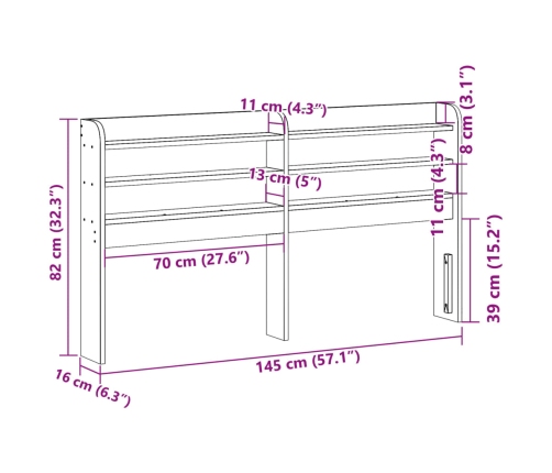 Cabecero de cama con estantes madera maciza pino blanco 135 cm