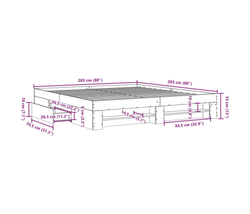 Estructura de cama madera de ingeniería gris Sonoma 200x200 cm