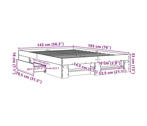 Estructura de cama madera de ingeniería gris Sonoma 140x190 cm