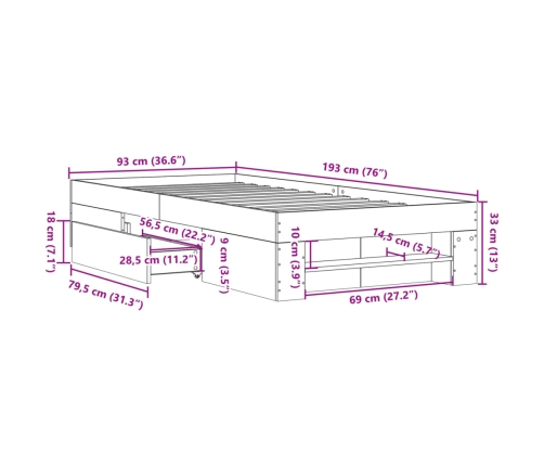 Estructura de cama madera de ingeniería gris Sonoma 90x190 cm