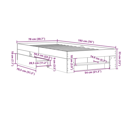 Estructura de cama madera de ingeniería gris Sonoma 75x190 cm