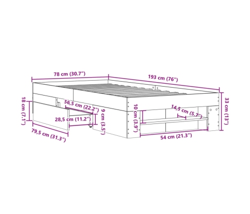 Estructura de cama sin colchón madera marrón roble 75x190 cm