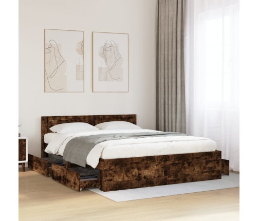 vidaXL Cama con cabecero madera de ingeniería roble ahumado 160x200 cm