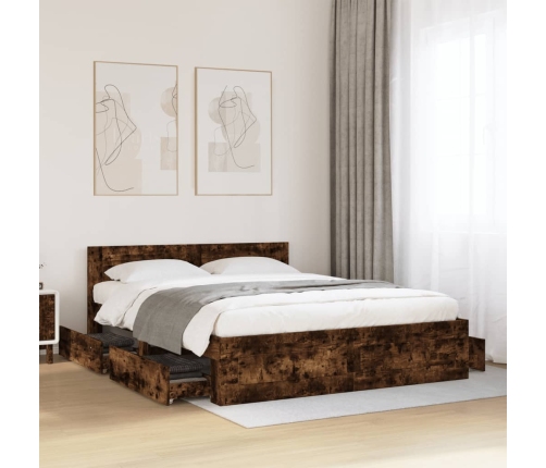 vidaXL Cama con cabecero madera de ingeniería roble ahumado 150x200 cm