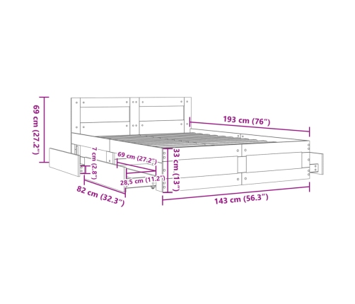 Cama con cabecero madera de ingeniería gris Sonoma 140x190 cm