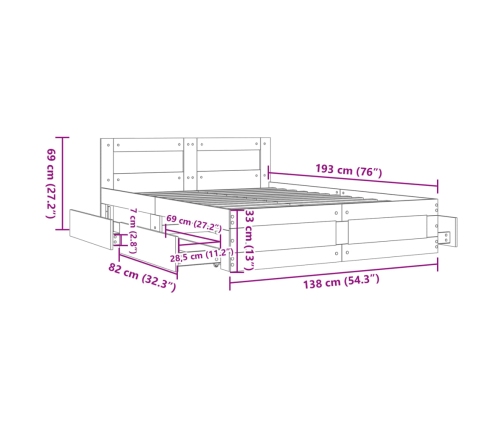 Cama con cabecero madera de ingeniería gris hormigón 135x190 cm