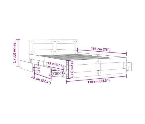 Cama con cabecero madera de ingeniería gris Sonoma 135x190 cm