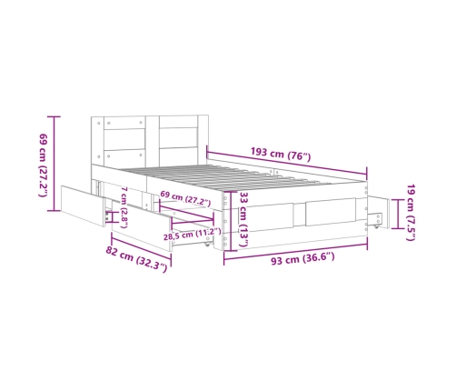 vidaXL Cama con cabecero madera de ingeniería gris hormigón 90x190 cm