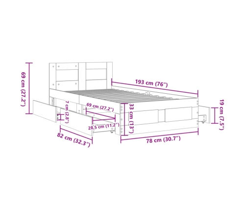 Cama con cabecero madera de ingeniería marrón roble 75x190 cm