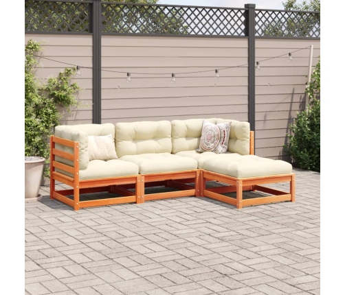 Set de sofás jardín 4 pzas con cojines madera pino marrón cera