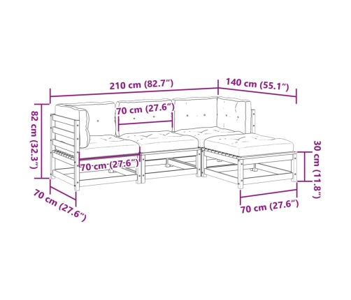 Set de sofás jardín 4 pzas con cojines madera pino marrón cera