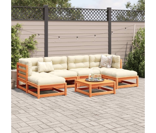 Set de sofás jardín 7 pzas con cojines madera pino marrón cera