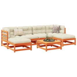Set de sofás jardín 7 pzas con cojines madera pino marrón cera