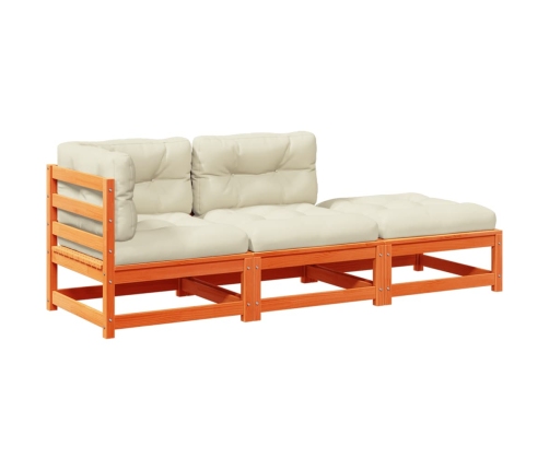 Set de sofás jardín 3 pzas con cojines madera pino marrón cera