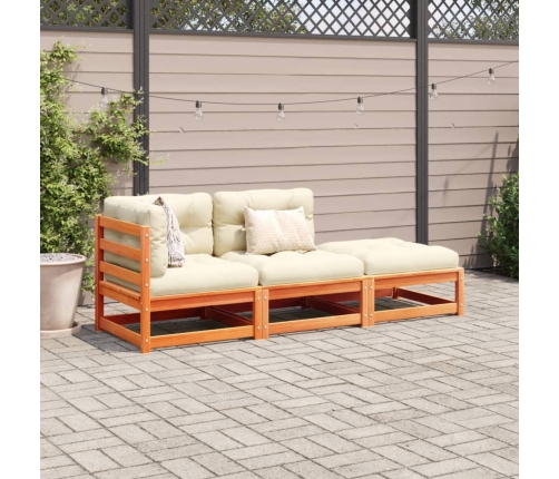 Set de sofás jardín 3 pzas con cojines madera pino marrón cera