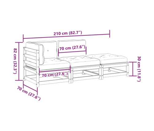 Set de sofás jardín 3 pzas con cojines madera pino marrón cera