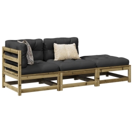 Set de sofás jardín 3 pzas con cojines madera pino impregnada
