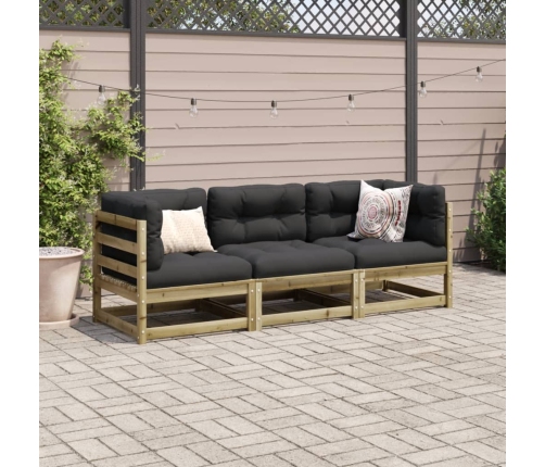 Set de sofás jardín 3 pzas con cojines madera pino impregnada